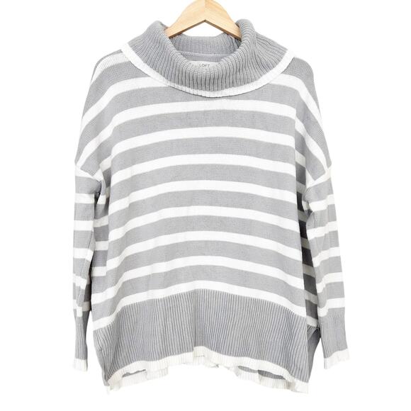 Loft Gray White Striped Turtleneck Poncho Knit Sweater Sz S - Picture 1 of 6